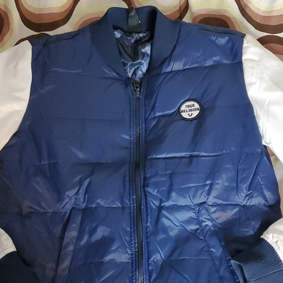 Women Blue/White True Religion Bubble Coat Sz S/P - Picture 2 of 7